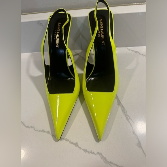 Saint Laurent Kiss 105 Leather Slingback Highlighter Yellow Pumps SZ 8.5 - Picture 8 of 14